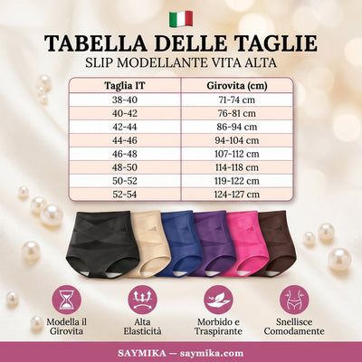 Tabella delle taglie dello slip modellante vita alta Saymika, dalla 38-40 alla 52-54