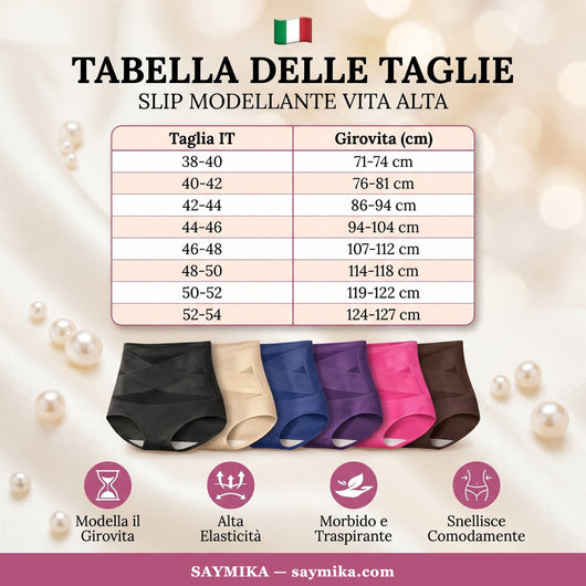 Tabella delle taglie dello slip modellante vita alta Saymika, dalla 38-40 alla 52-54